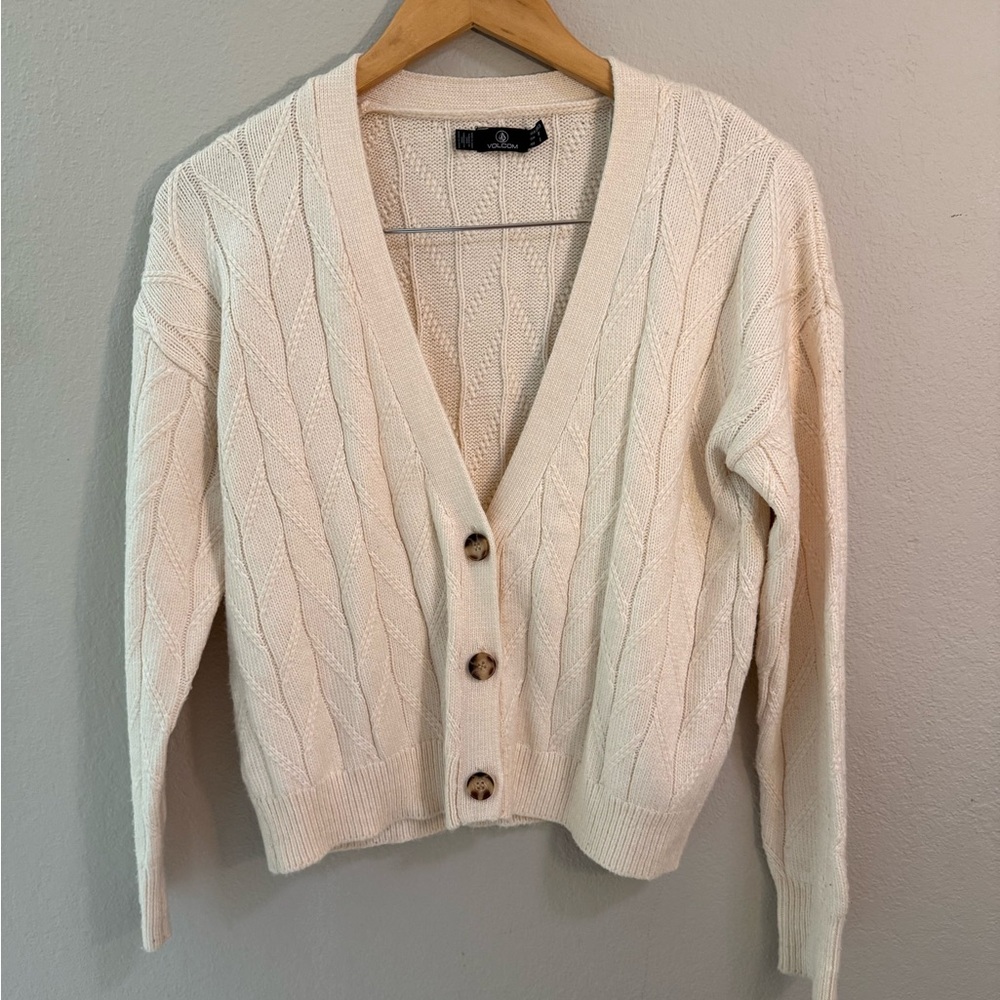 Volcom Cream Cable Knit Cropped Button Front Cardigan XS